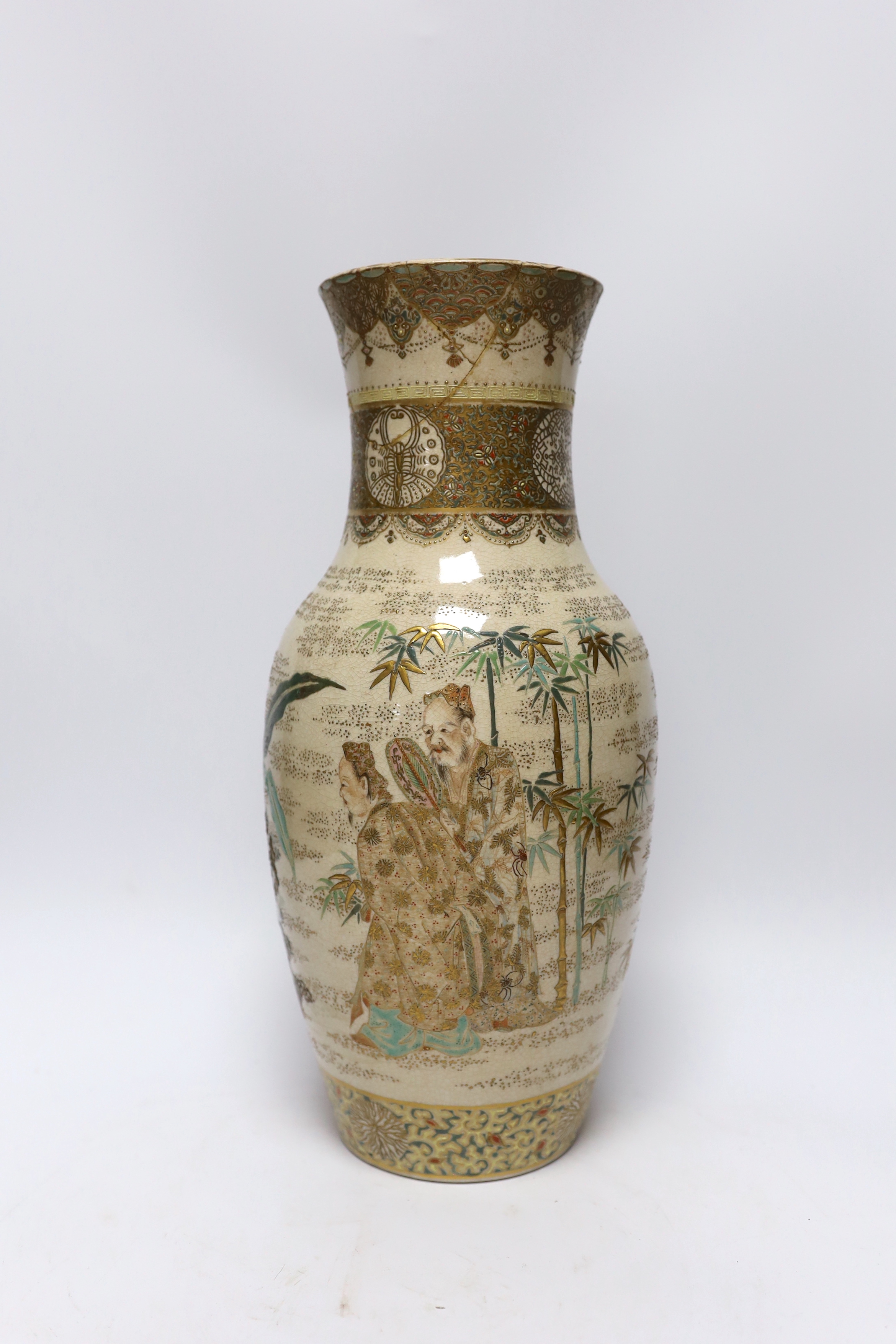 A 19th century Satsuma vase, two ochre pottery vases and a fish designed bowl, (purported to come from Lilly Langtry’s estate), Satsuma vase 36cm high
